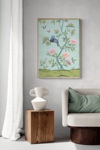 framed blue and green botanical chinoiserie wall art print with flowers and birds in Chinese painting style on wall