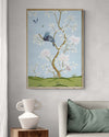 Blue botanical chinoiserie wall art print with flowers and birds in Chinese painting style on wall