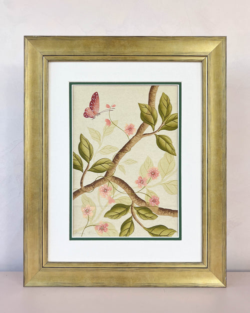 Diane Hill's original chinoiserie painting 'Twining Daisies' in a gold frame on a plain white background