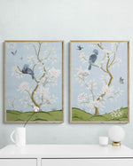pair of Blue vintage floral chinoiserie wall art prints with flowers and birds, chinoiserie chic gifts, Chinese style art illustration