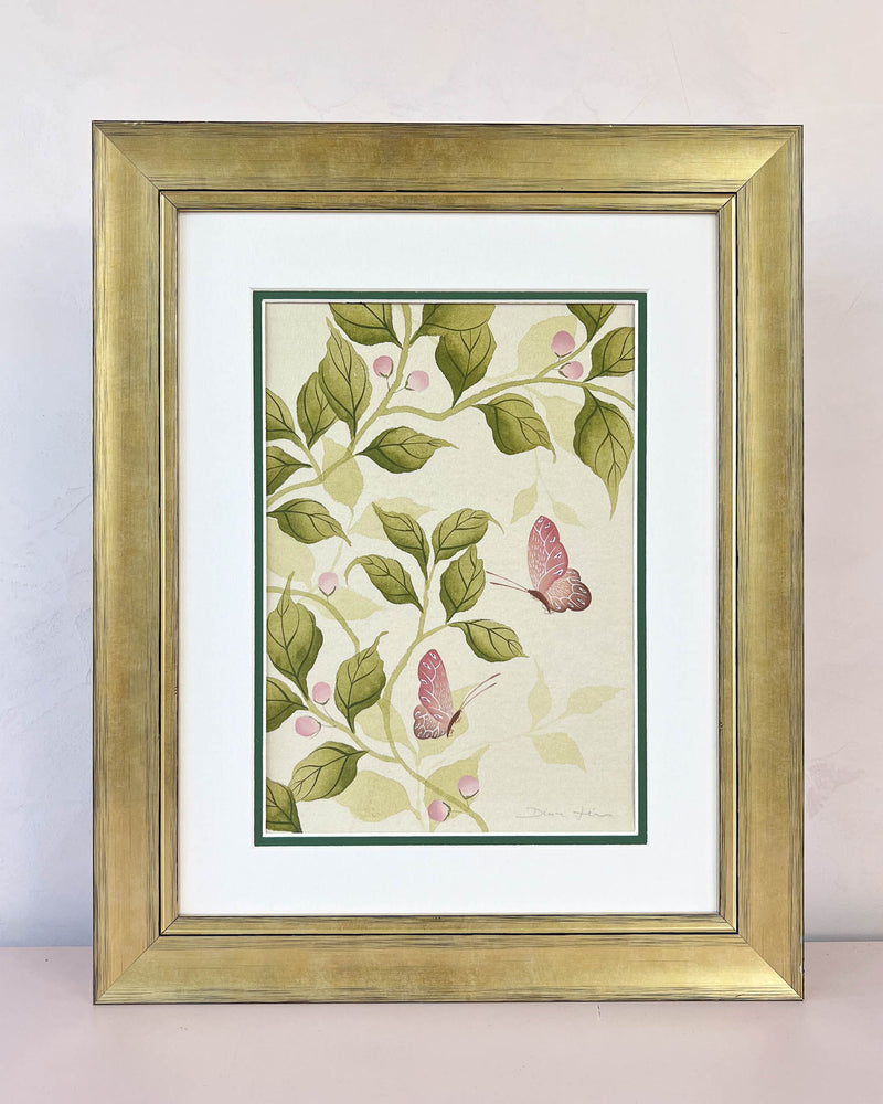 Diane Hill's original chinoiserie painting 'Wild Garden' in a gold frame on a plain white background