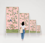 size scale for pink vintage floral chinoiserie wall art panel print with flowers and birds, chinoiserie chic wallpaper panel, Chinese style art illustration