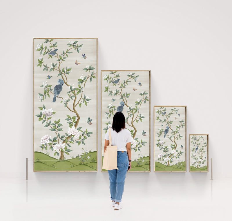 size scale for white neutral beige vintage floral chinoiserie wall art panel print with flowers and birds, chinoiserie chic wallpaper panel home decor, Chinese style illustration