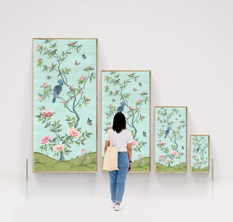 size scale for Blue and green vintage floral chinoiserie wall art panel print with flowers and birds, chinoiserie chic wallpaper panel home decor, Chinese style illustration