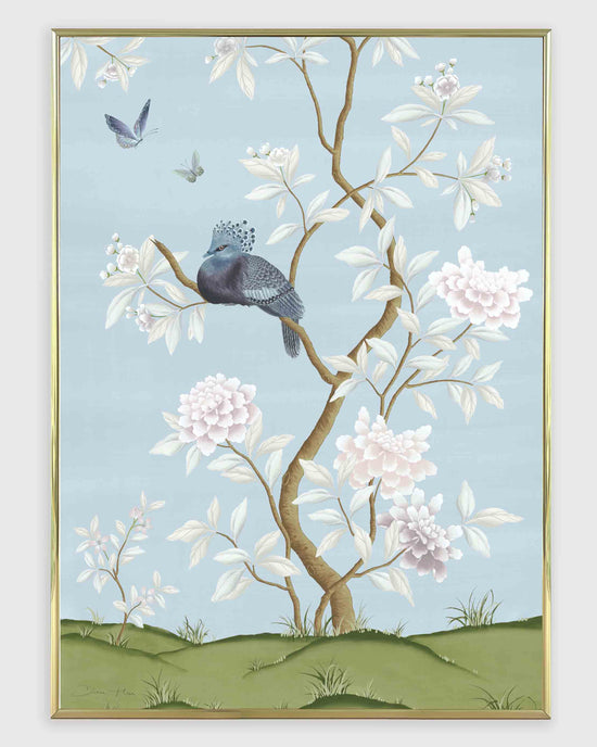 Blue botanical chinoiserie wall art print with flowers and birds in Chinese painting style