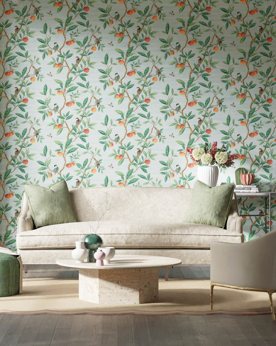 Ella wallpaper - Sky/Fig Leaf/Nectarine - Diane Hill