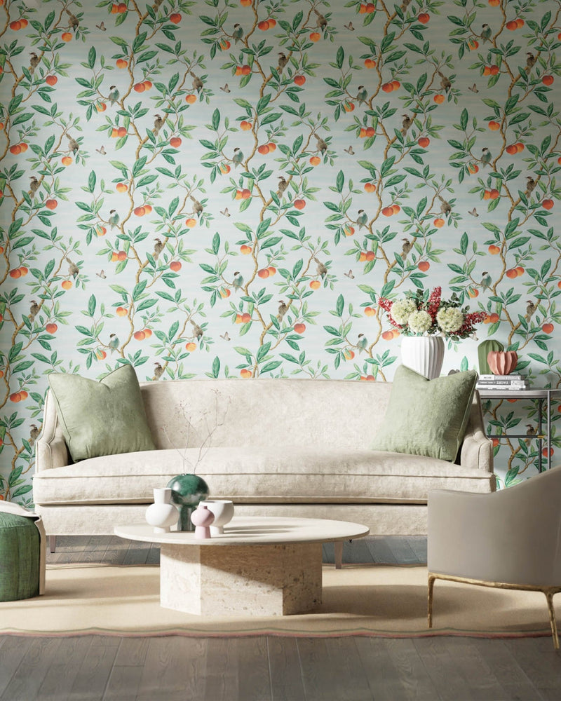Ella wallpaper - Sky/Fig Leaf/Nectarine - Diane Hill