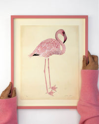 framed wall art print featuring gold sparkle embellished botanical pink flamingo