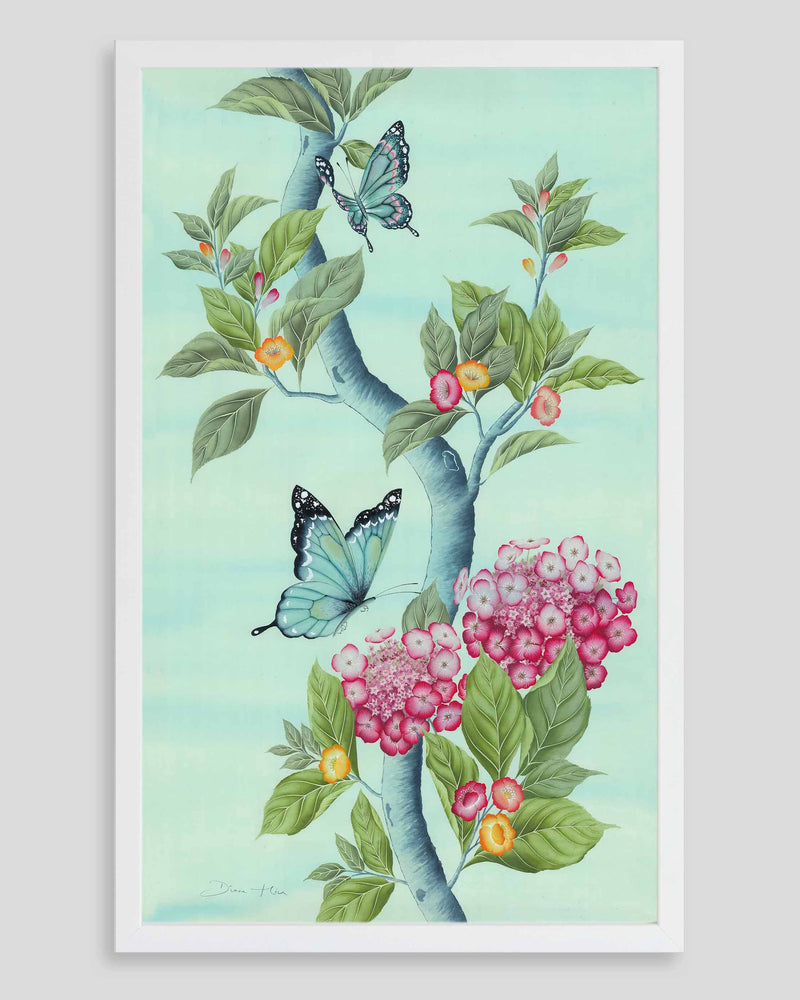 framed Chinoiserie style art print featuring butterflies and pink flowers on an aqua blue background 