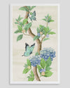 framed Chinoiserie style art print featuring butterflies and blue flowers on an ivory cream background