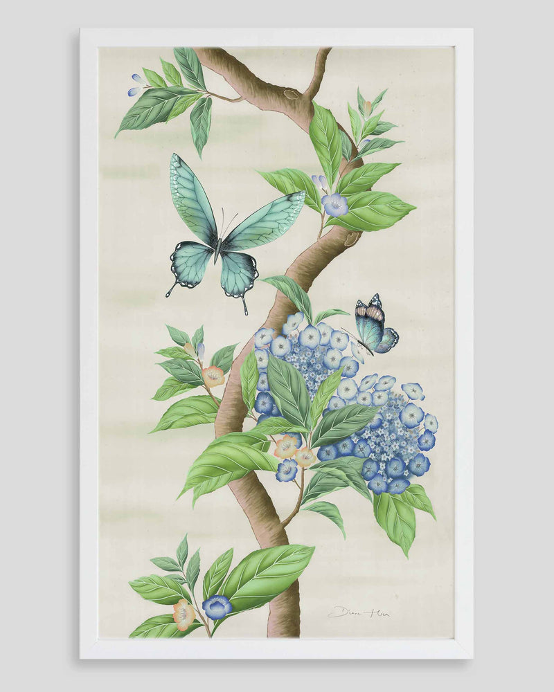 framed Chinoiserie style art print featuring butterflies and blue flowers on an ivory cream background