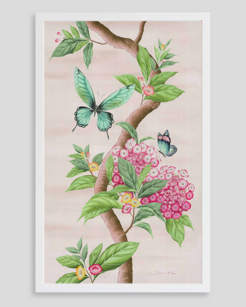 framed Chinoiserie style art print featuring butterflies and pink flowers on a pastel pink background