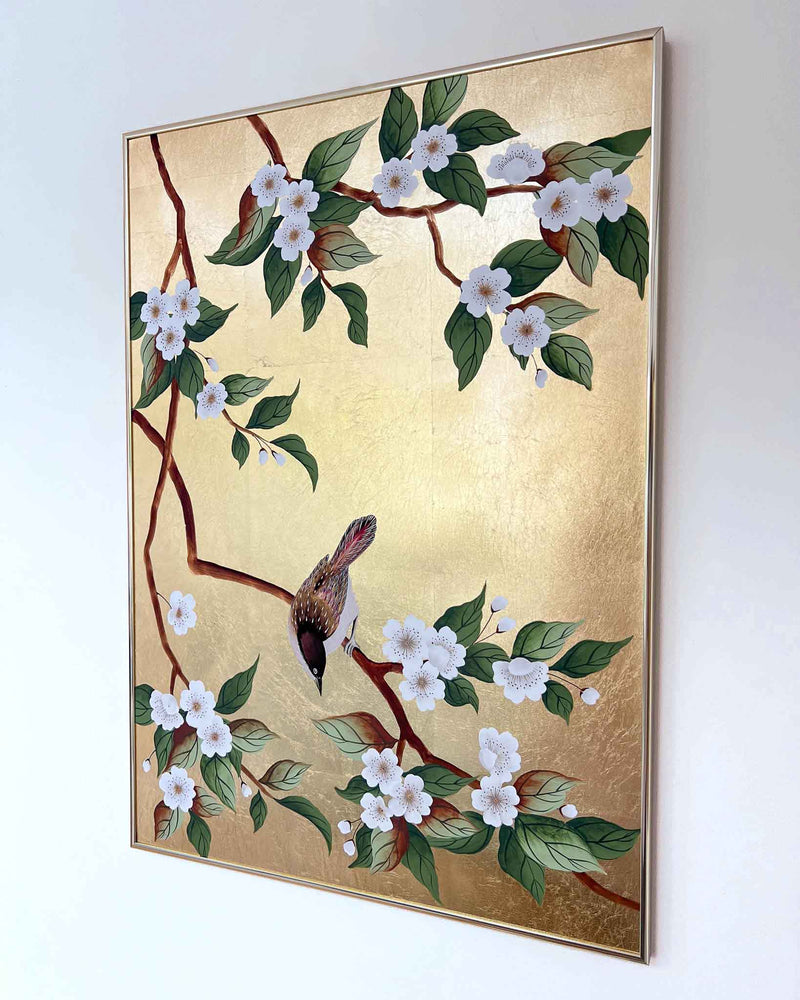 Gold Bird And Blossom Branches Original Painting - Diane Hill
