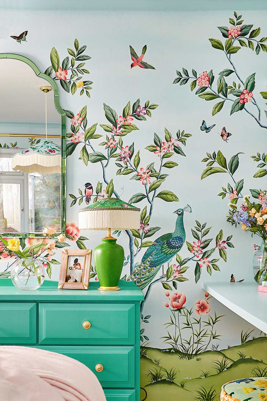 Florence chinoiserie wallpaper in sky blue by diane hill featuring peacock birds trees and flowers