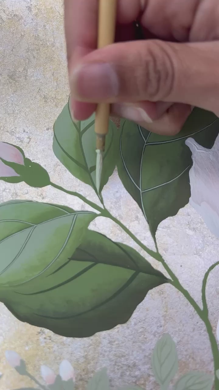 Video of Diane Hill painting the leaves featured in her original chinoiserie painting 'Mottled Lush Blooms And Butterflies (B)' 