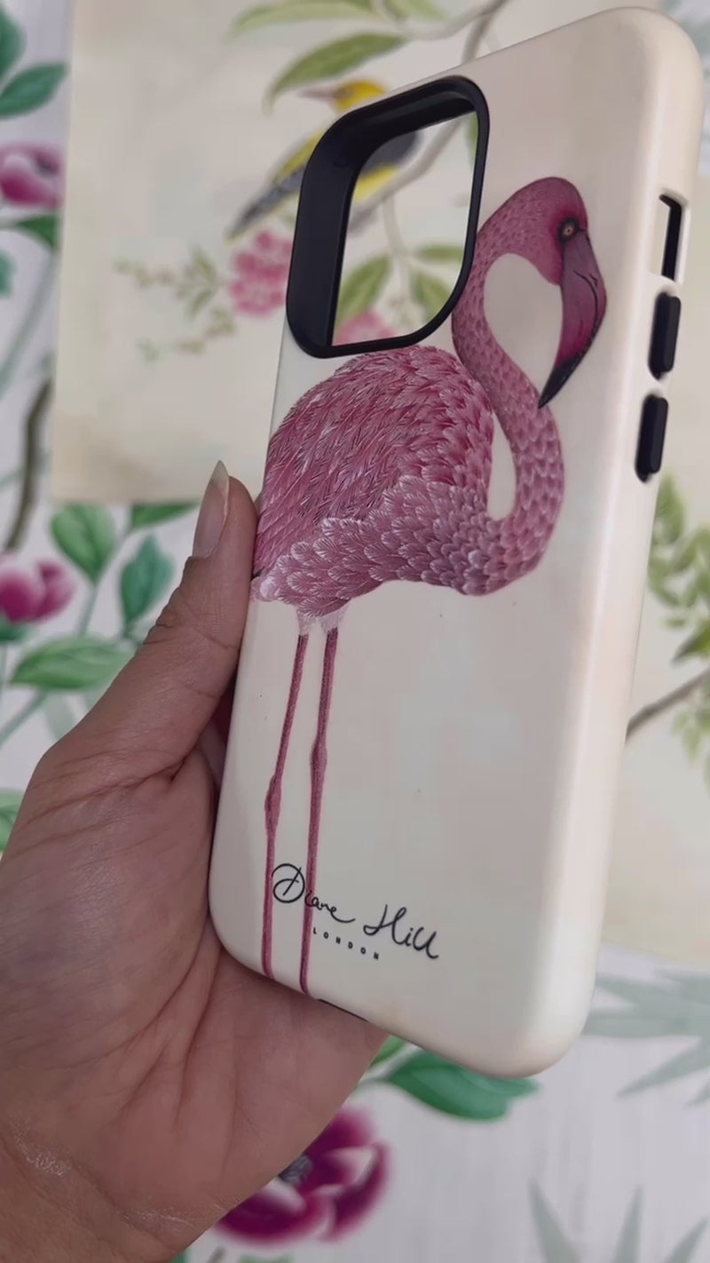 three luxury phone cases featuring botanical bird designs in chinoiserie style