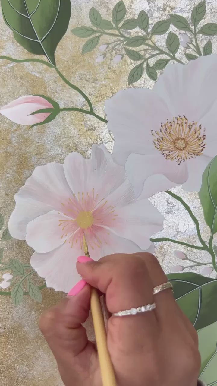 Video of Diane Hill painting the flowers featured in her original chinoiserie painting 'Mottled Lush Blooms And Butterflies (A)' 