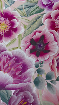 close up of powder pink floral chinoiserie wallpaper