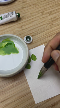 hand holding Chinese paintbrush demonstrating how to paint a chinoiserie leaf on silk slub paper