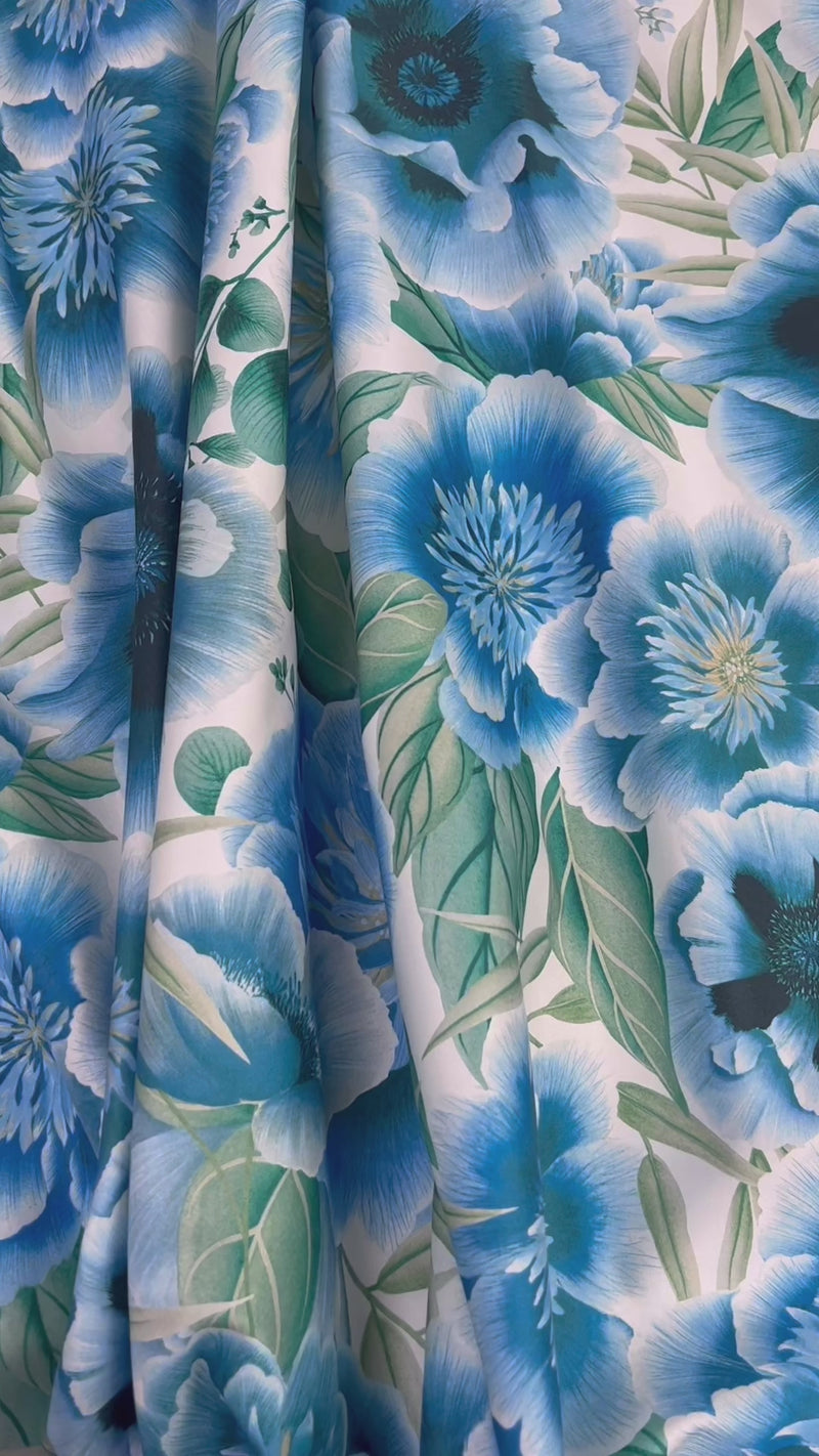 close up of blue tonal floral chinoiserie fabric