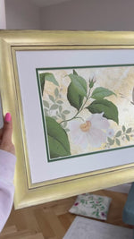 Video of Diane Hill holding her original chinoiserie painting 'Mottled Dog Rose And Butterfly' in a gold frame glistening as it catches the light