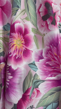 close up of pink tonal floral chinoiserie fabric