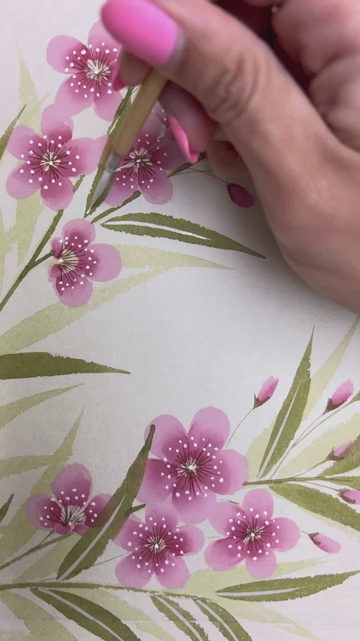Video of Diane Hill painting her original chinoiserie piece 'Soft Blooming Oleander'