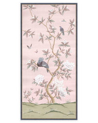 framed pink chinoiserie wall art panel print featuring birds, butterflies, and flowers