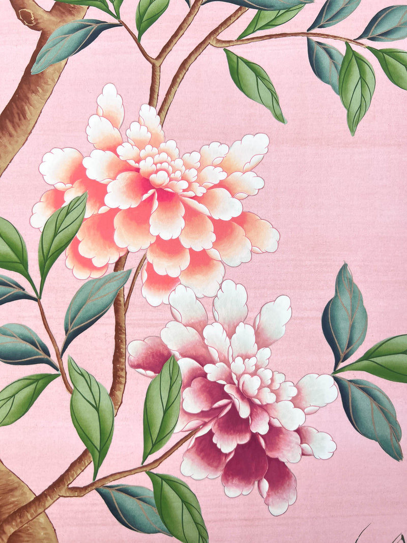 close up of pink and green vintage style botanical chinoiserie art print