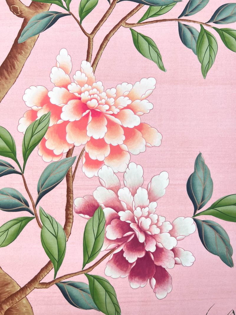 pink vintage floral chinoiserie wall art print with flowers, Chinese art style illustration
