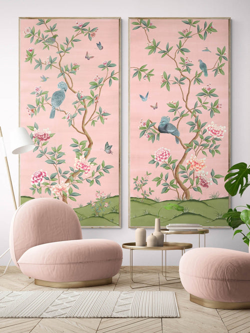 Diane Hill's 'euporia A&B' pink botanical chinoiserie art print wall panels