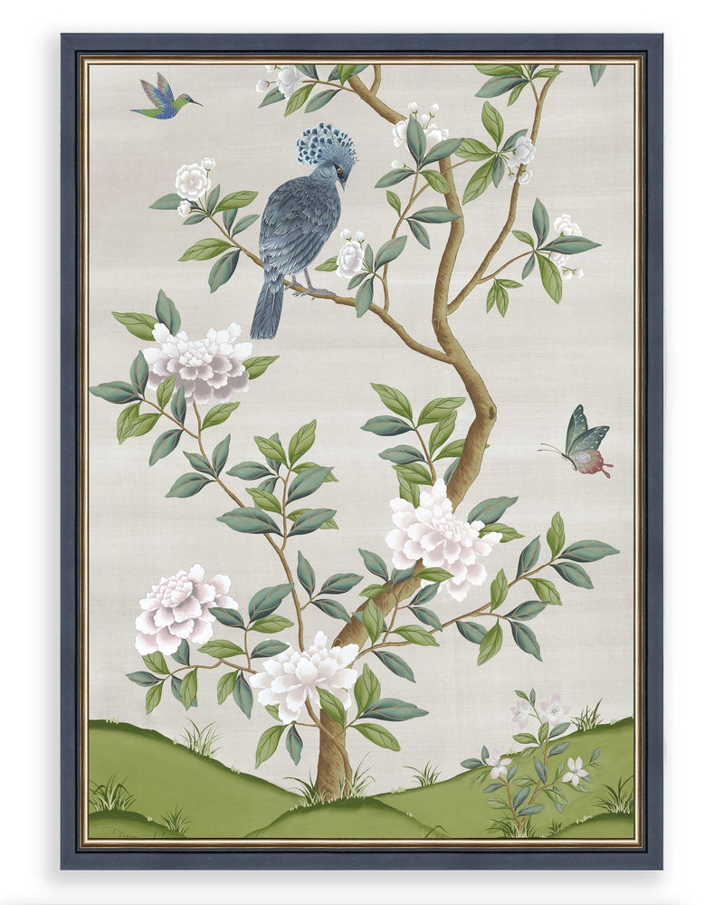 neutral vintage floral chinoiserie wall art print with flowers and birds, Chinese art style illustrations