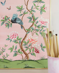 framed pink and green botanical chinoiserie wall art print with flowers and birds in Chinese painting style