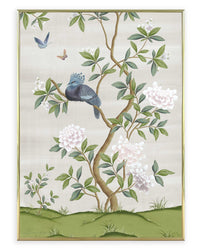 framed ivory and green botanical chinoiserie wall art print with flowers and birds in Chinese painting style