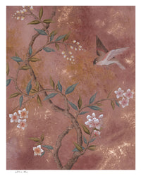 close up of chinoiserie wall art print featuring vintage inspired bird branches and flowers on a distressed mottled background