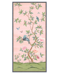 framed pink and green botanical chinoiserie wall panel print with flowers and birds in Chinese painting style