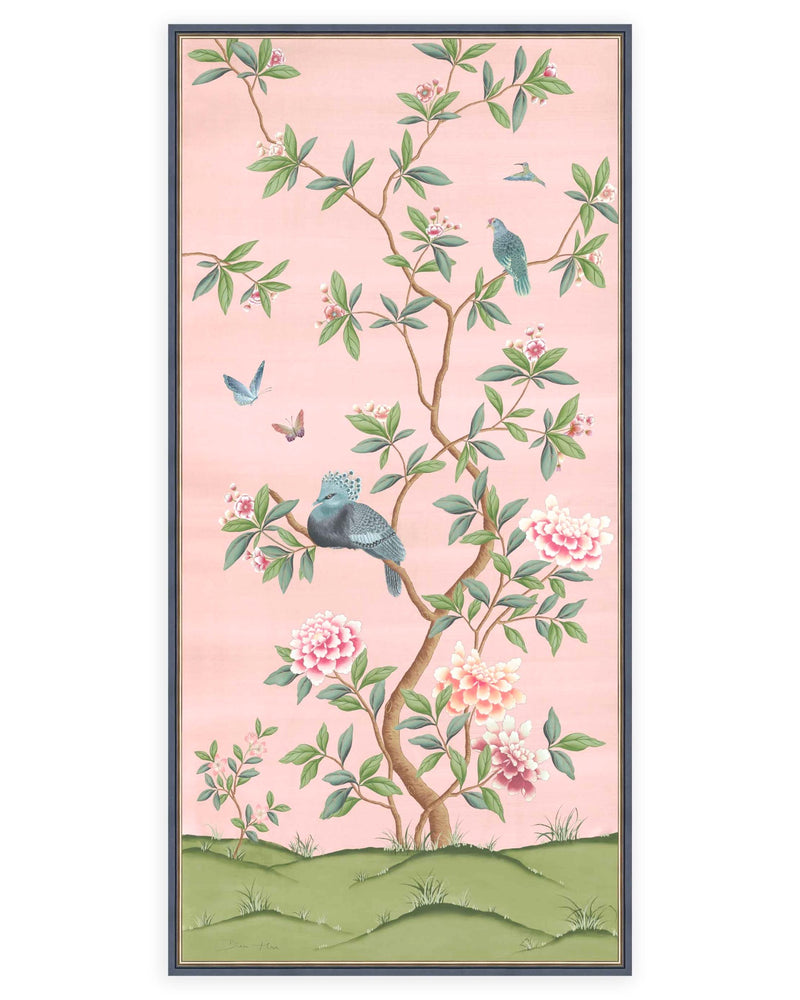 framed pink and green botanical chinoiserie wall panel print with flowers and birds in Chinese painting style