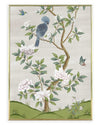 framed ivory and green botanical chinoiserie wall art print with flowers and birds in Chinese painting style