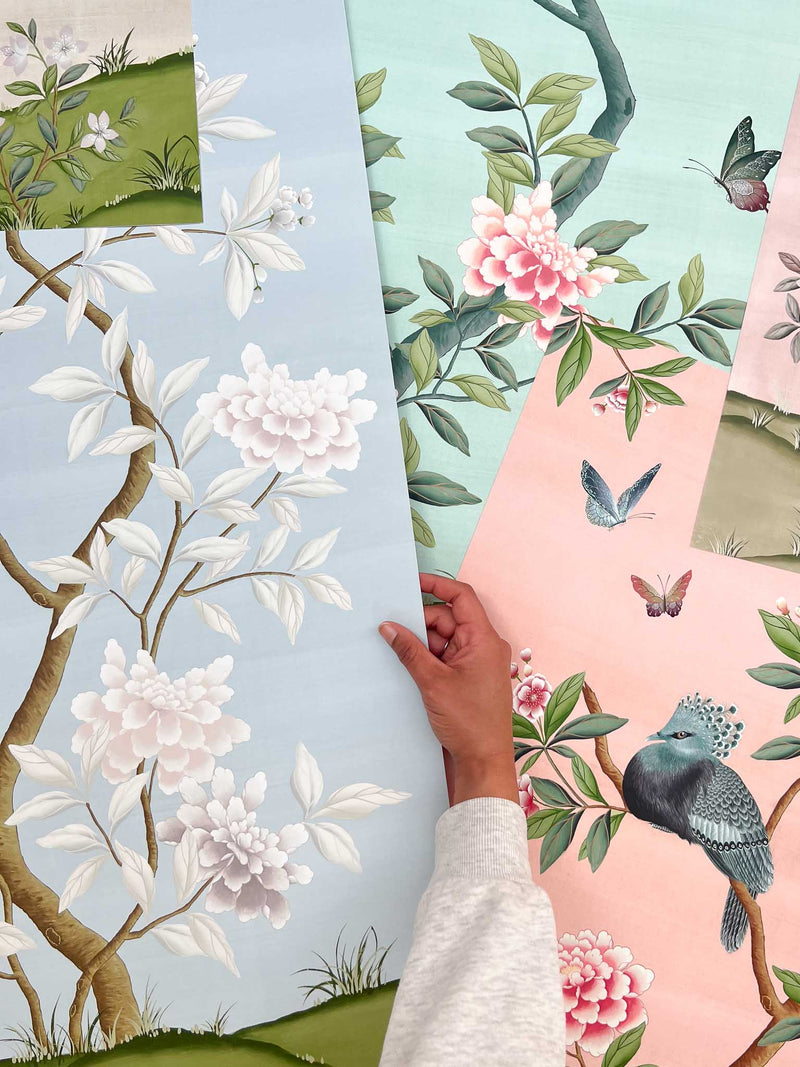 colourful vintage style botanical and floral chinoiserie wall art panel prints