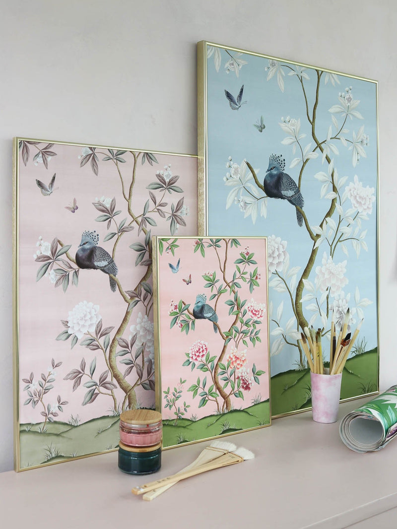 3 framed colourful vintage style chinoiserie art prints in various sizes