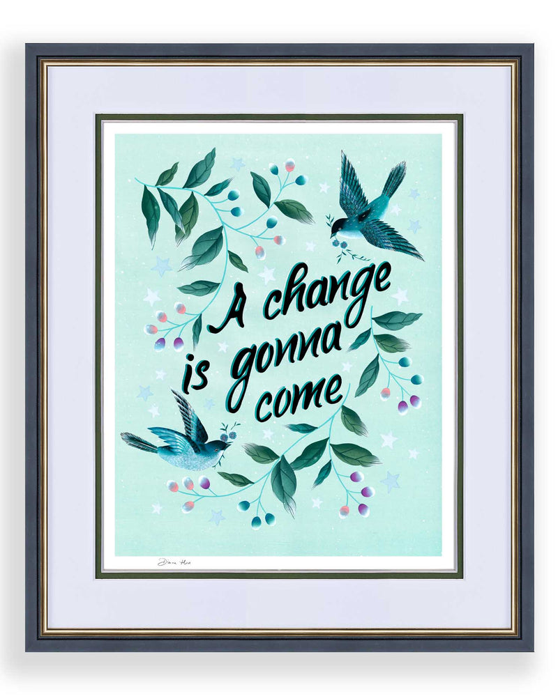 framed blue vintage-style chinoiserie wall art print featuring birds and branches with the quote 'a change is gonna come'