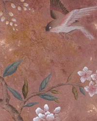 close up of chinoiserie wall art print featuring vintage inspired bird branches and flowers on a distressed mottled background