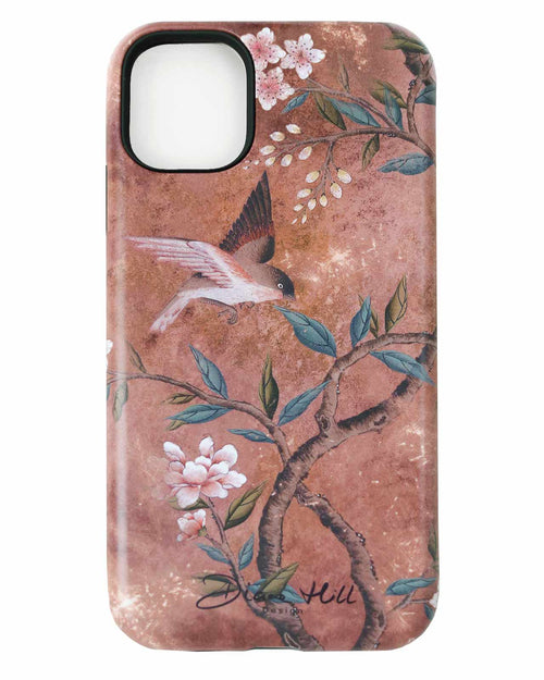 The Alexandra phone case by Diane Hill, against a white background. Alexandra is a muted, vintage-inspired design featuring earthy tones and a distressed feel. A pretty little bird swoops above a branch laden with leaves and blossom.
