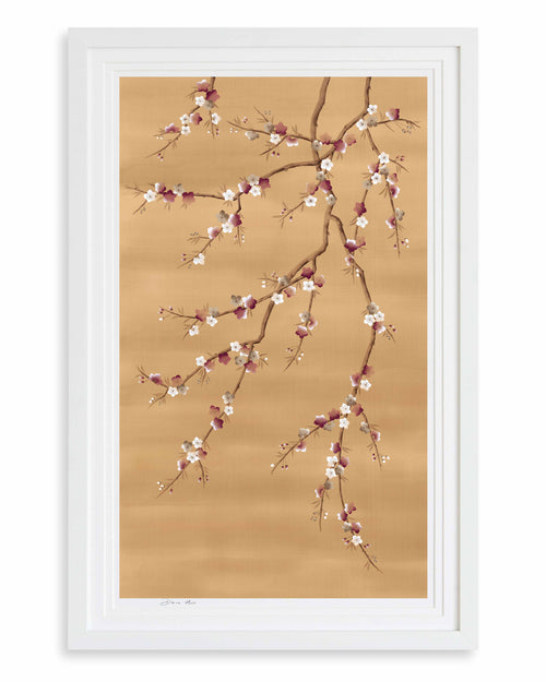 Diane Hill Chinoiserie art print, Alia. Featuring cherry blossom and branches in bronze, burgundy and white tones, Chinoiserie Framed Art