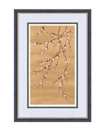 framed chinoiserie wall art print featuring Japanese-style cherry blossom and branches in bronze, burgundy and white tones