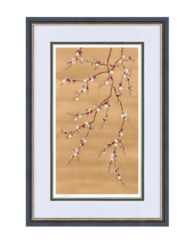 framed chinoiserie wall art print featuring Japanese-style cherry blossom and branches in bronze, burgundy and white tones