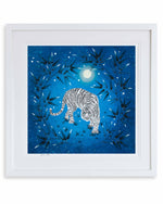 A midnight scene  in vibrant inky blues, blacks and white. White Tiger in the Moonlight Framed Print, Bamboo Chinoiserie Prints Framed