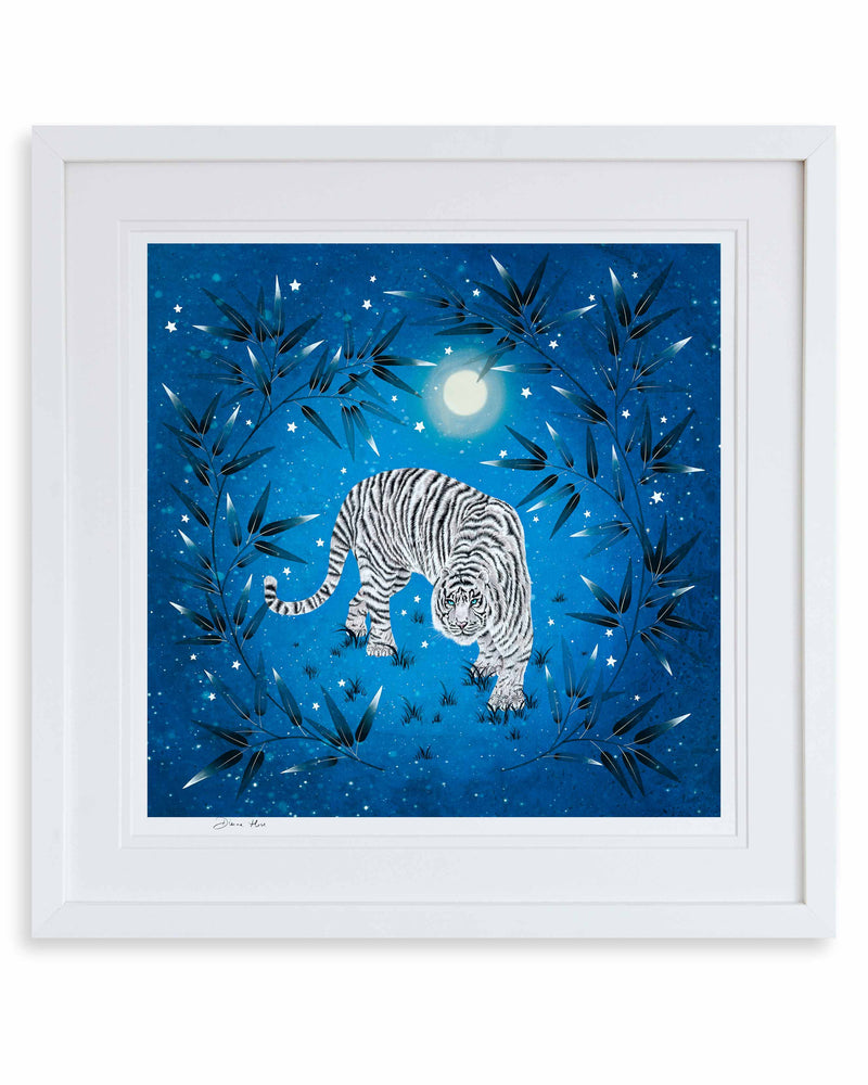 A midnight scene  in vibrant inky blues, blacks and white. White Tiger in the Moonlight Framed Print, Bamboo Chinoiserie Prints Framed