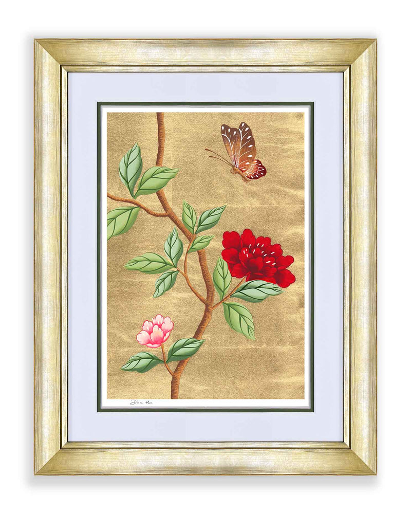 framed chinoiserie wall art print featuring vintage-style butterfly and flower branch on gold leaf background