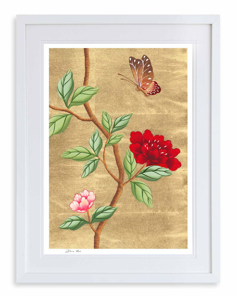 Gold and Red Chinoiserie Bedroom Ideas, Framed Floral Butterfly Print